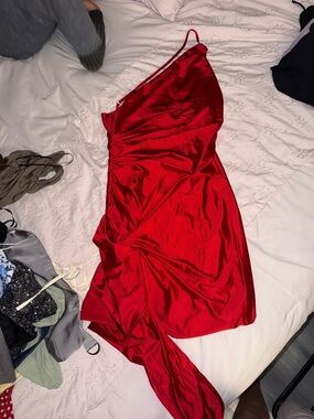 Amazon Red Satin One-Shoulder Slip Dress